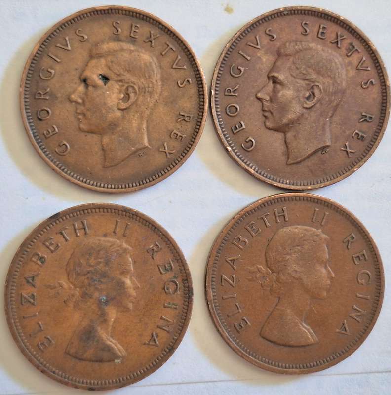 South Africa 2x 1d George VI 1951 + 1952 and 2x 1d Elizabeth II 1954 + 1955