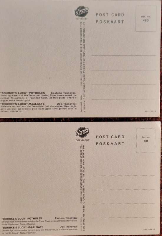 Vintage Artco Post Cards of Bourke's Luck PotHoles, Eastern Transvaal