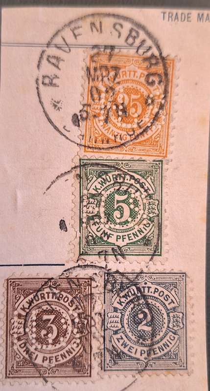 Germany Wurttemberg 1875 Numerals 4 Used stamps on Paper Ravensburg Cancellation 78