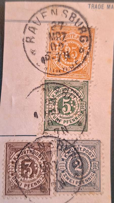 Germany Wurttemberg 1875 Numerals 4 Used stamps on Paper Ravensburg Cancellation 78