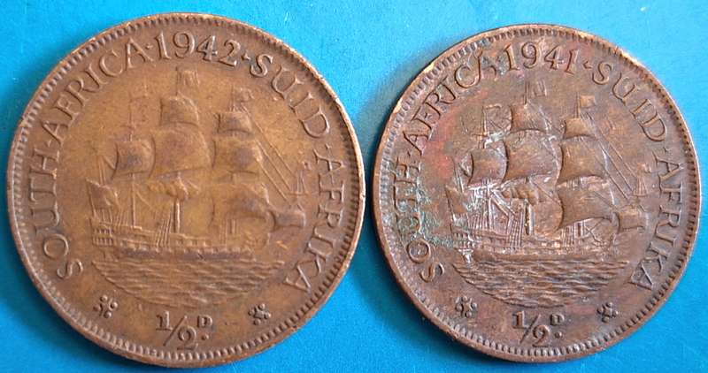 South Africa 1941 and 1942 George VI 1/2d Half Penny Bronze