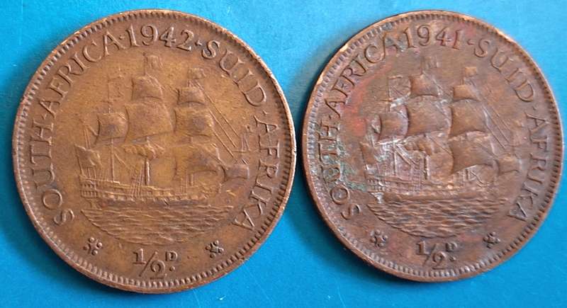 South Africa 1941 and 1942 George VI 1/2d Half Penny Bronze