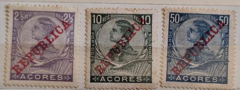 Azores 1910 King Manuel II Overprint Republica 3 Unused Hinged stamps