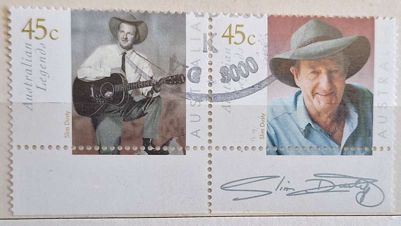 Australia 2001 Australia Day Legends: Slim Dusty Cancelled Se-tenant Pair with Slim's Signature