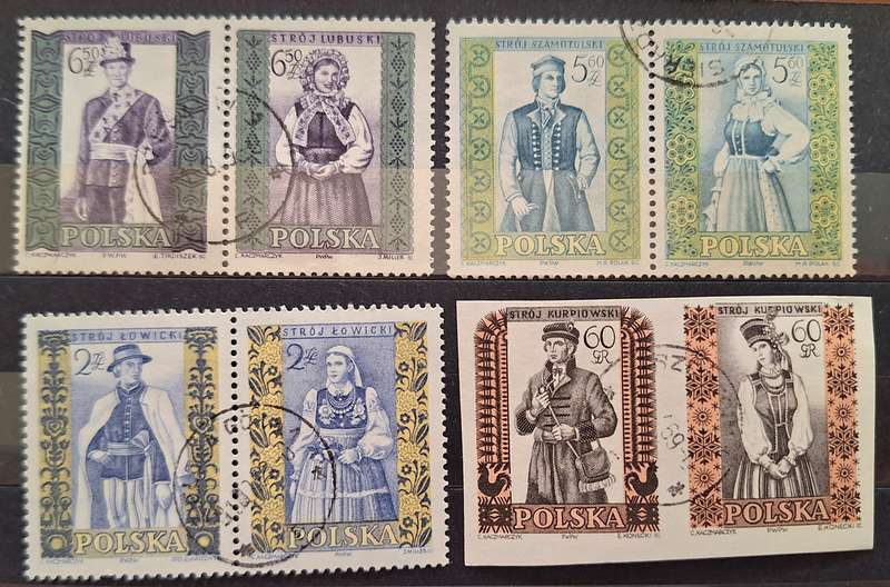 Poland 1959-60 Folk Costumes 4 Pairs Cancelled stamps (1 Imperforate)