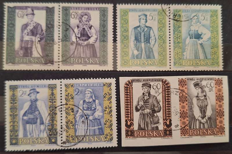 Poland 1959-60 Folk Costumes 4 Pairs Cancelled stamps (1 Imperforate)
