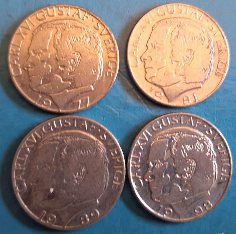 Sweden 1977 1981 1989  1998 1 Krone (4 coins) Copper-nickel