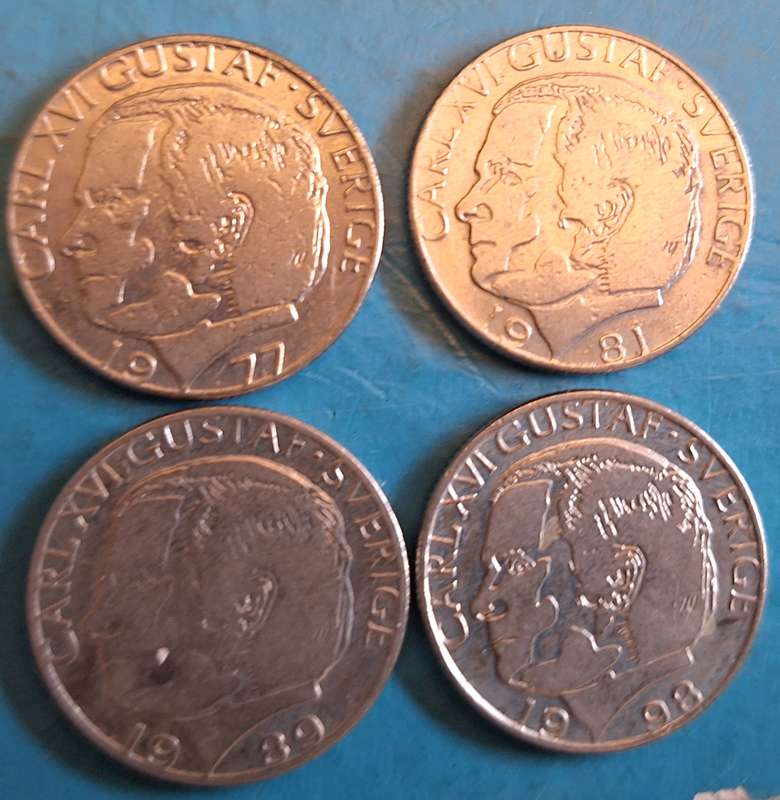 Sweden 1977 1981 1989  1998 1 Krone (4 coins) Copper-nickel