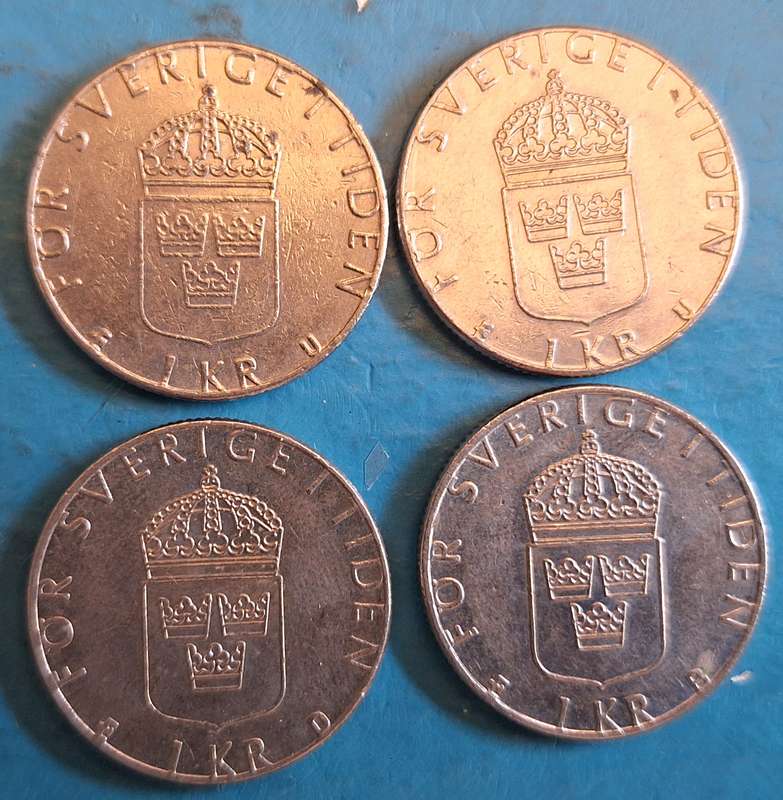 Sweden 1977 1981 1989  1998 1 Krone (4 coins) Copper-nickel