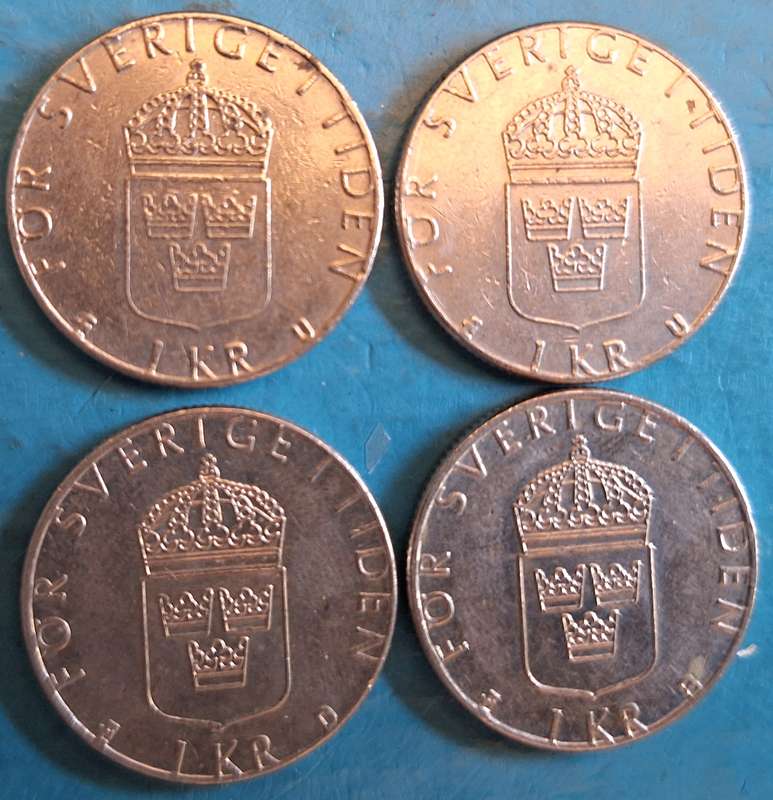 Sweden 1977 1981 1989  1998 1 Krone (4 coins) Copper-nickel
