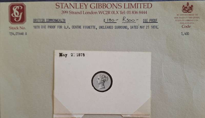 British Commmonwealth 1878 Die Proof for Q. V. Stanley Gibbons Ltd Centre Vignette Dated May 21 1878