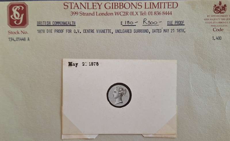 British Commmonwealth 1878 Die Proof for Q. V. Stanley Gibbons Ltd Centre Vignette Dated May 21 1878