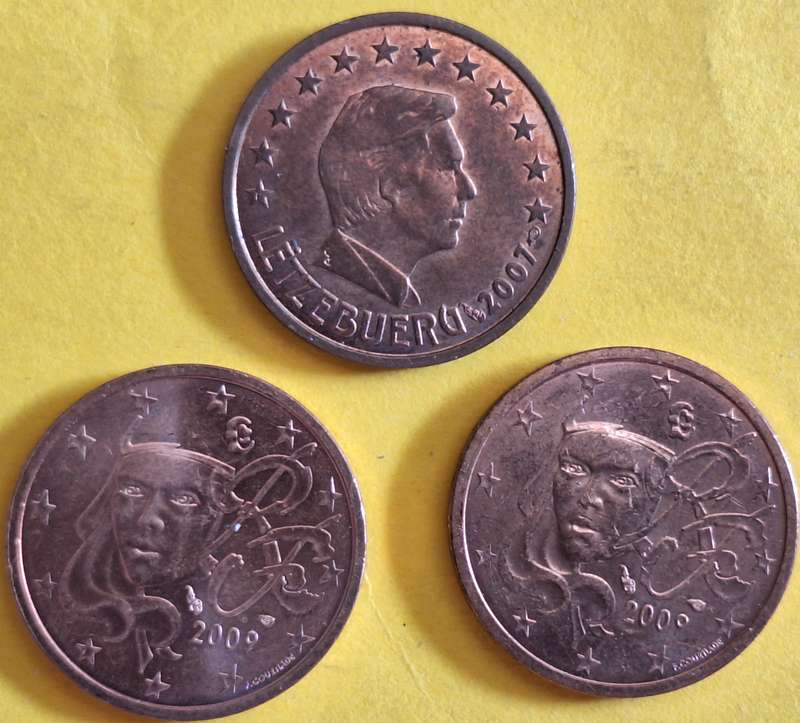 France 2009 2x 2 Euro Cents and Luxembourg 2007 2 Euro Cents All Copper plated steel