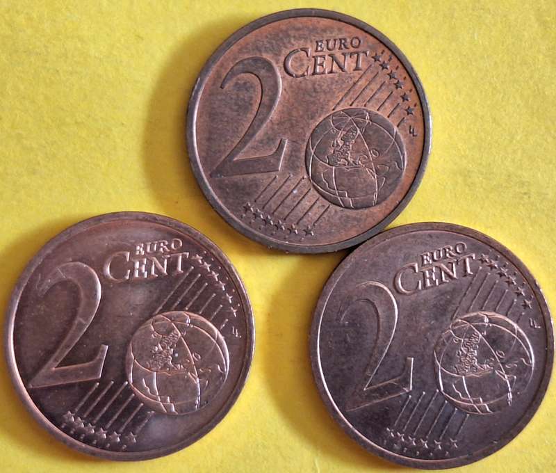 France 2009 2x 2 Euro Cents and Luxembourg 2007 2 Euro Cents All Copper plated steel