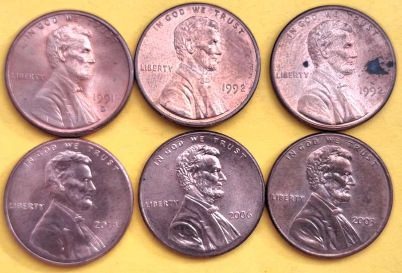 United States of America 6x One Cent Between 1991-2014 Copper plated zinc No Mint Marks
