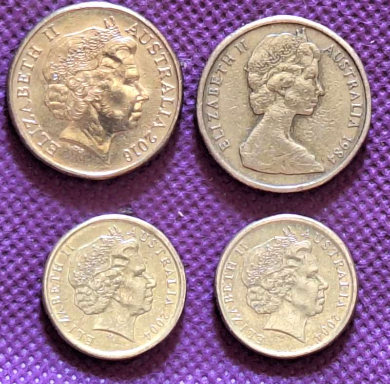 Australia 1984 2016 $1 and 2004 x2 $2 (4 coins) Aluminium bronze