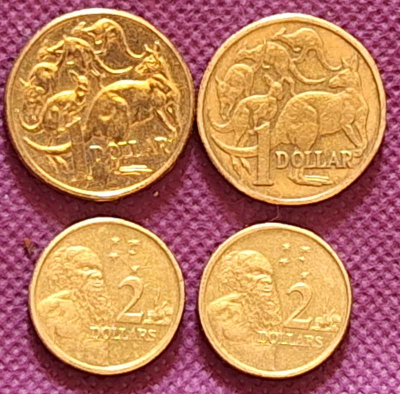 Australia 1984 2016 $1 and 2004 x2 $2 (4 coins) Aluminium bronze