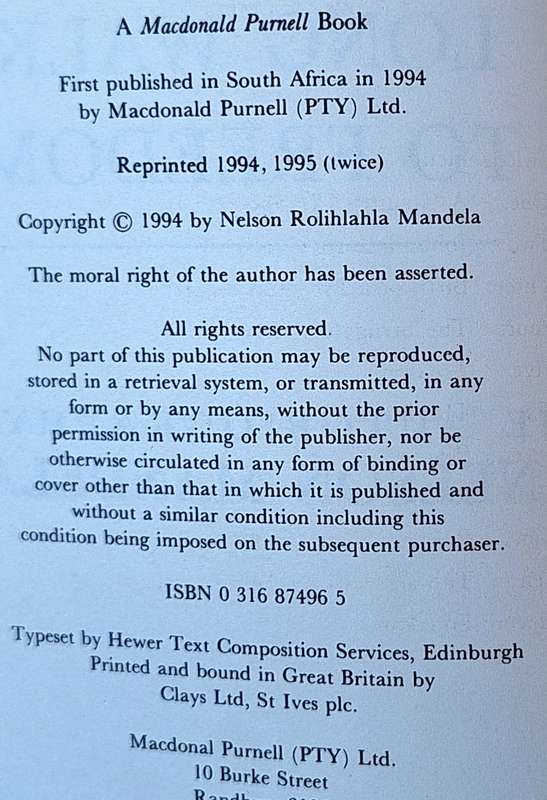 Long Walk to Freedom: The Autobiography of Nelson Mandela Hardcover 1995 Reprint