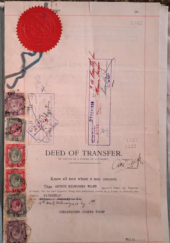 1927 Deed of Transfer with Union of South Africa Revenue Stamps