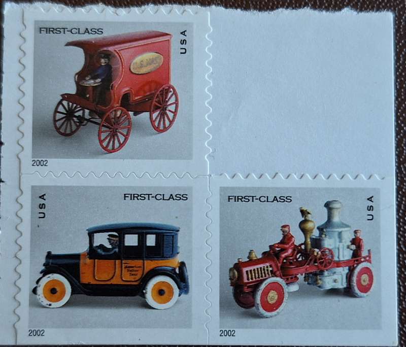 USA 2002 Antique Toys (Wagons & Cars) First Class Mail 3 Unused Self-Adhesive stamps