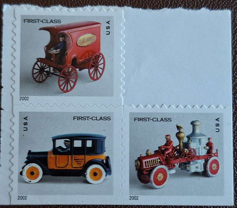 USA 2002 Antique Toys (Wagons & Cars) First Class Mail 3 Unused Self-Adhesive stamps