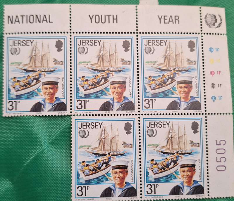 Jersey 1985 International Youth Year Numbered Corner Block with 5 Mint stamps
