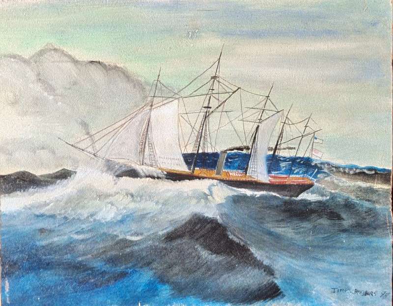 Unframed Oil of Boat painted on Board Signed Jimmy Rogers 98