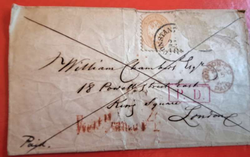 Sheet Folded into Envelope Posted from Austria to London with Arms 15 s. brown stamp and Sealing Wax