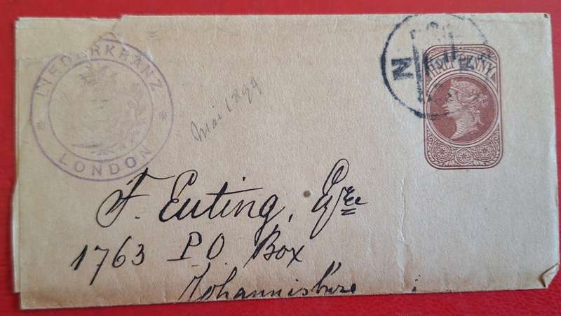 Postal Stationery Preprinted Victoria Half penny Date stamp London 1899 Posted to Johannesburg