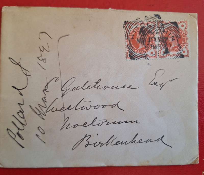 Envelope 1897 with 2 Victoria Half Penny stamps and Hitchin Date Stamp