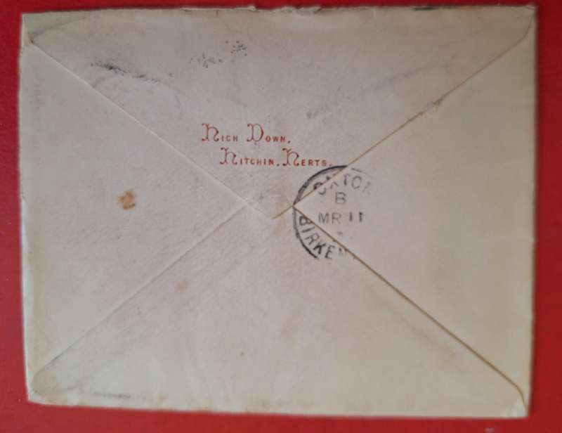 Envelope 1897 with 2 Victoria Half Penny stamps and Hitchin Date Stamp
