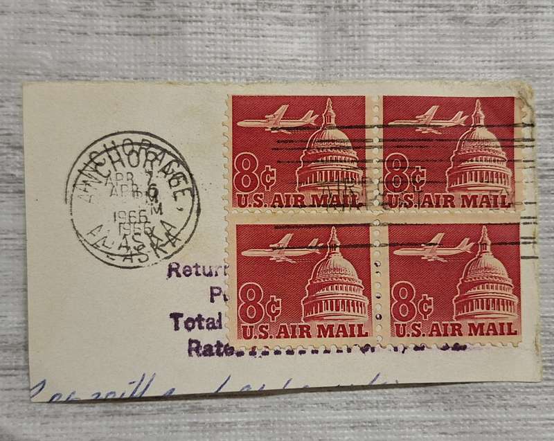 USA 1966 Anchorage Alaska Post mark Block of 4 8c Airmail stamps
