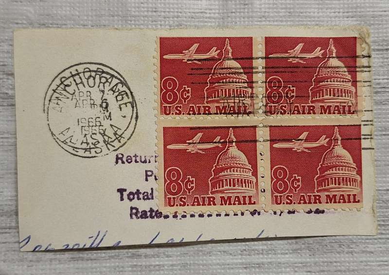 USA 1966 Anchorage Alaska Post mark Block of 4 8c Airmail stamps