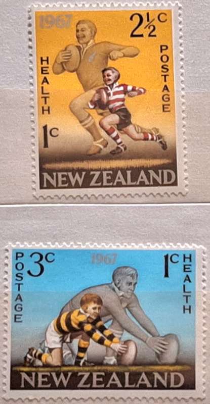 New Zealand 1967 Health Issue Rugby Football Set of 2 Mint stamps