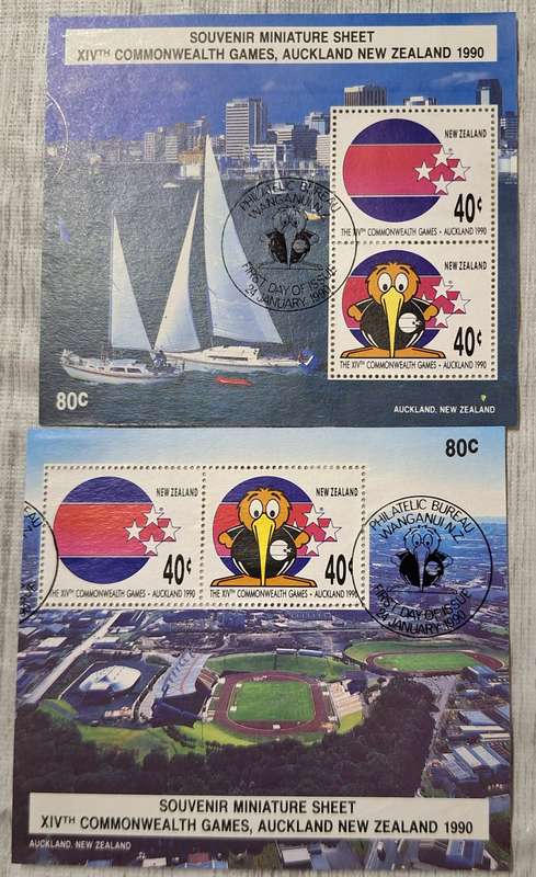 New Zealand 1990 Games Souvenir Set of 2 Cancelled Hinged Miniature Sheets
