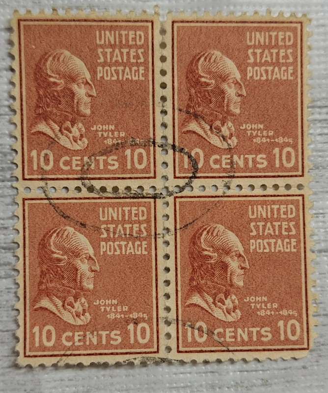 USA 1938 Pres. Issue: John Tyler 10c Block of 4 Used stamps