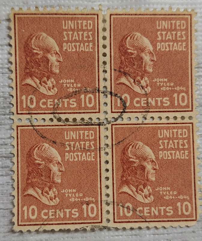 USA 1938 Pres. Issue: John Tyler 10c Block of 4 Used stamps