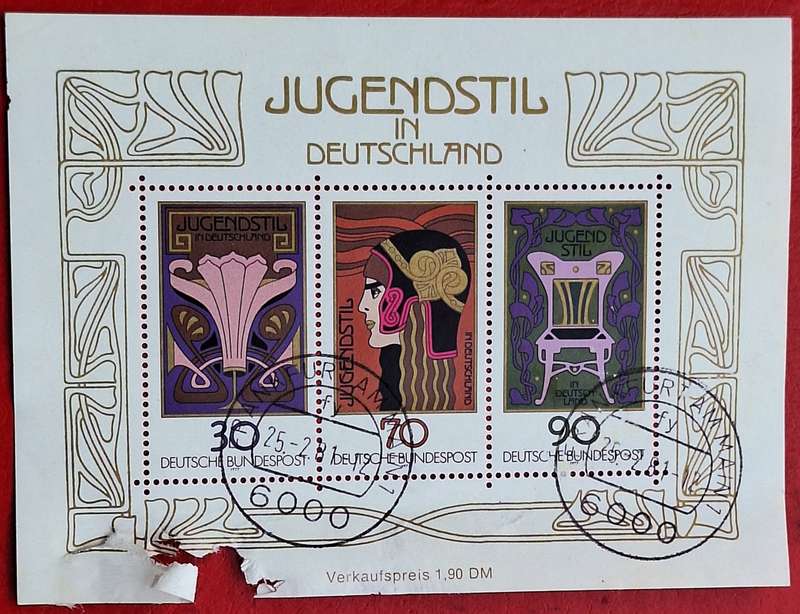 Germany 1977 Jugendstil Strip of 3 Cancelled stamps on Souvenir Sheet (damaged bottom edge)