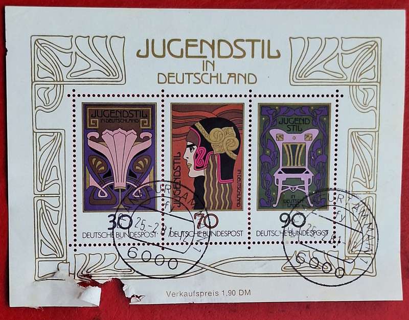 Germany 1977 Jugendstil Strip of 3 Cancelled stamps on Souvenir Sheet (damaged bottom edge)