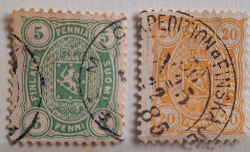 Finland 1885  Coat of Arms 5p and 20p 2 Used Hinged stamps