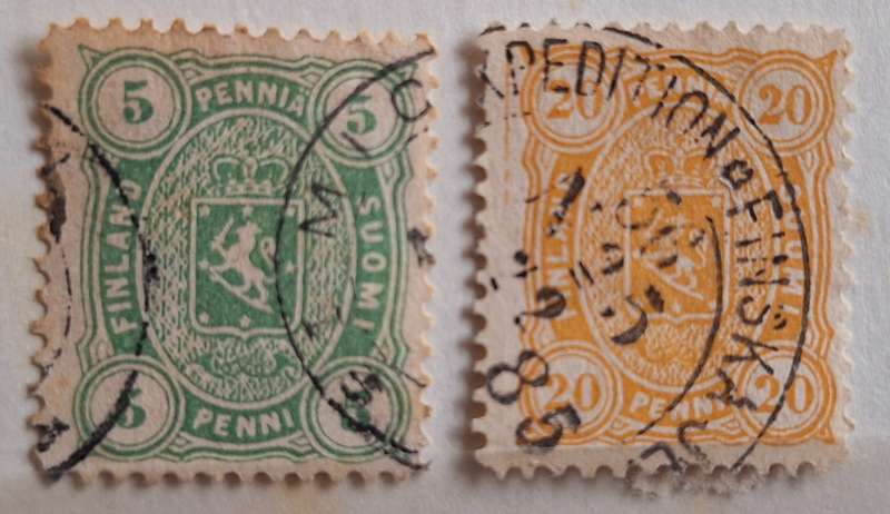 Finland 1885  Coat of Arms 5p and 20p 2 Used Hinged stamps