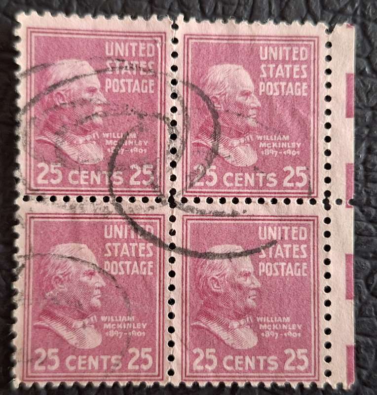 USA 1938 Presidential Issue: William McKinley 25cent Block of 4 Used stamps