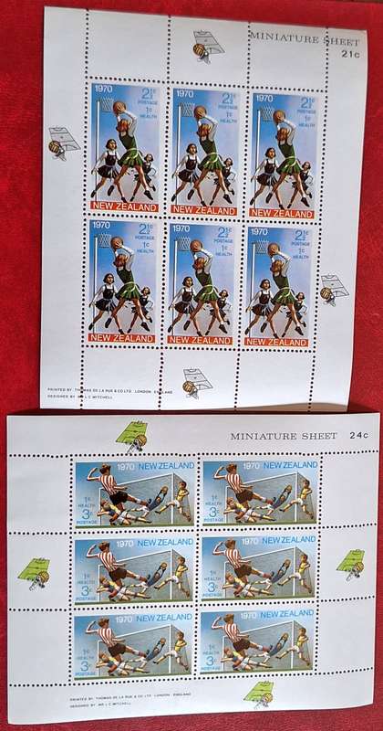 New Zealand 1970 Health Issue Basketball / Soccer Set of 2 Mint Miniature Sheets