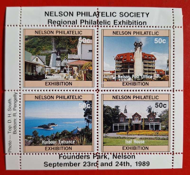 New Zealand 1989 "Nelson Philatelic Society" Hinged Mini-sheet of Four Cinderella Labels