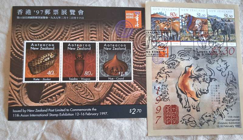 New Zealand 1997 Hong Kong Exhibition Set of 2 One Mint and One Cancelled Hinged Miniature Sheet