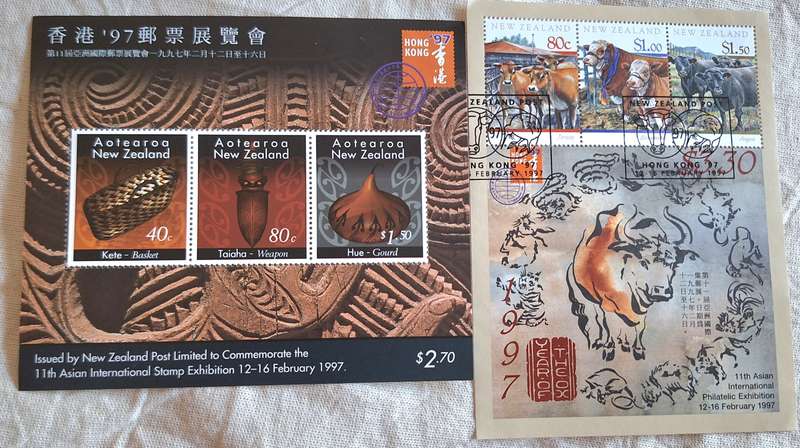New Zealand 1997 Hong Kong Exhibition Set of 2 One Mint and One Cancelled Hinged Miniature Sheet