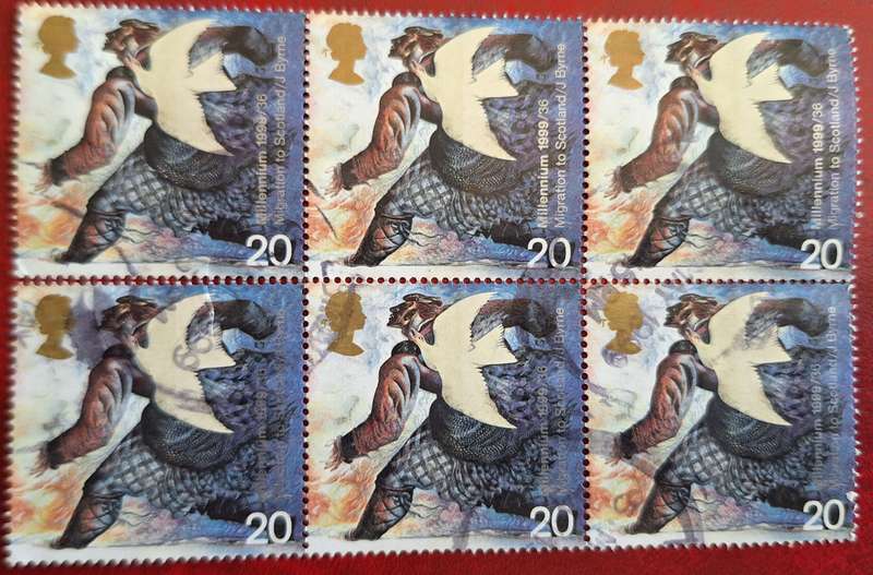 GB 1999 The Settlers' Tale: Dove and Norman Settler Block of 6 Used stamps