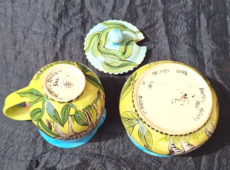 Water Berry Pottery Zimbabwe Milk Jug and Lidded Sugar Bowl Zebra Design