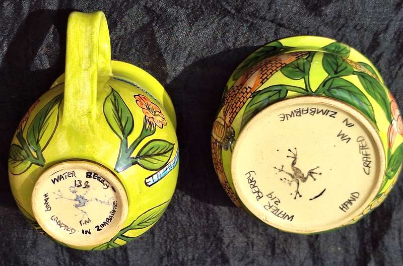 Water Berry Pottery Zimbabwe Milk Jug and Lidded Sugar Bowl Dragonfly Design
