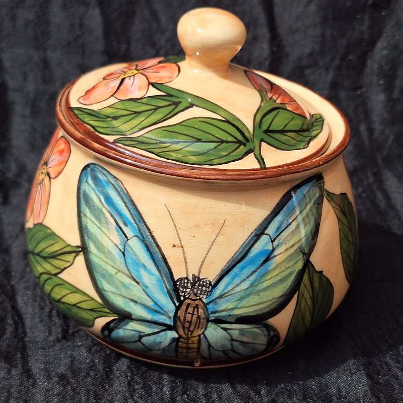 Water Berry Pottery Zimbabwe Lidded Sugar Bowl Butterfly Design